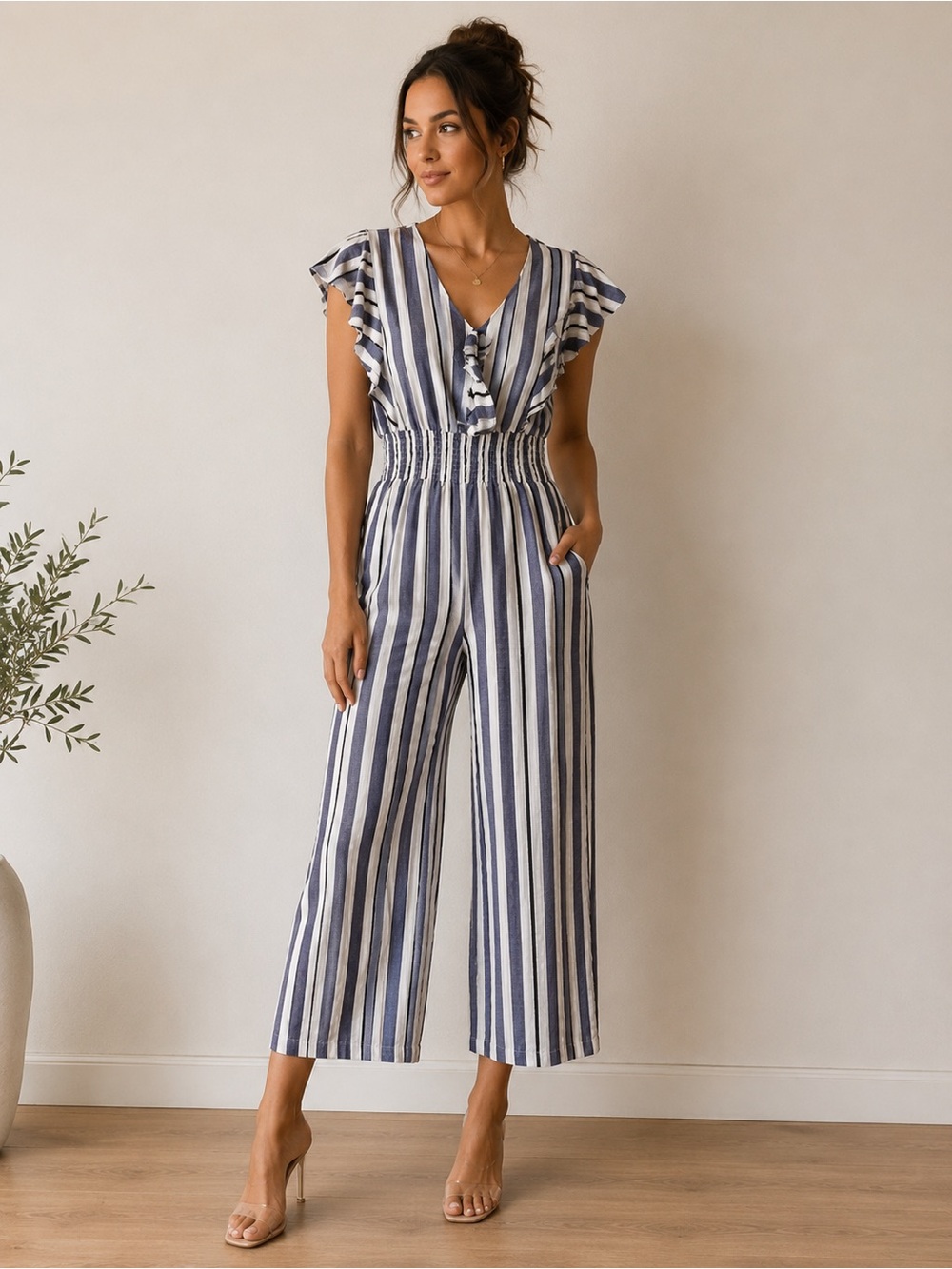 Striped Ruffle Wide Leg Jumpsuit | Blue & White Tie Front Romper/Summer Vacation